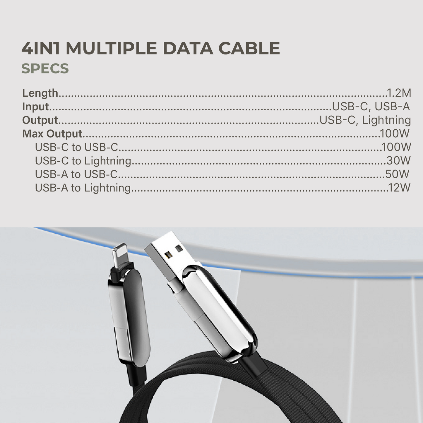 4-in-1 Multiple Data Cable (USB-C+USB-A to USB-C+Lightning)