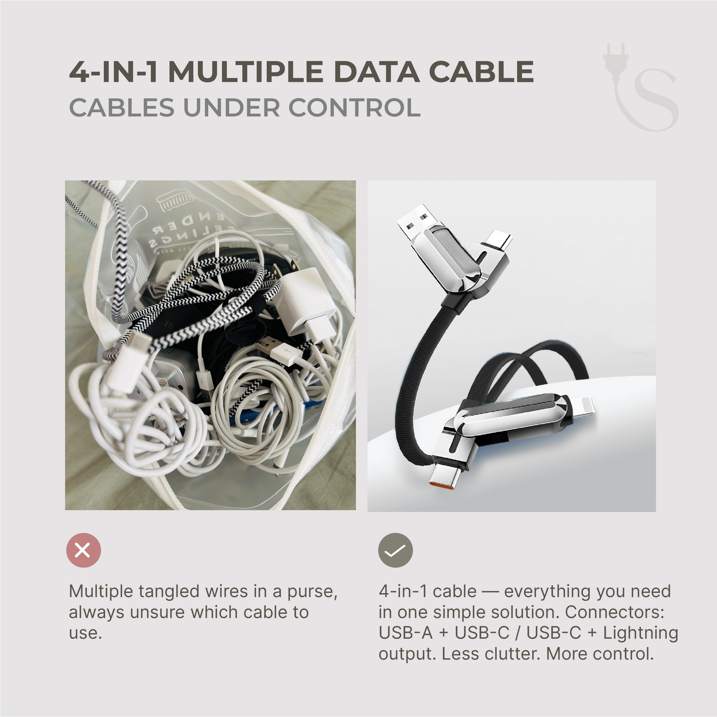 4-in-1 Multiple Data Cable (USB-C+USB-A to USB-C+Lightning)