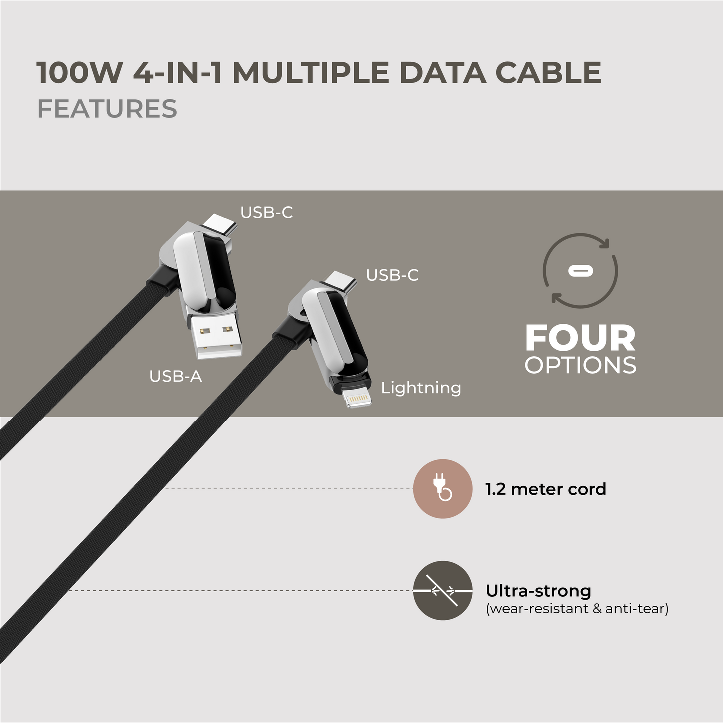 4-in-1 Multiple Data Cable (USB-C+USB-A to USB-C+Lightning)