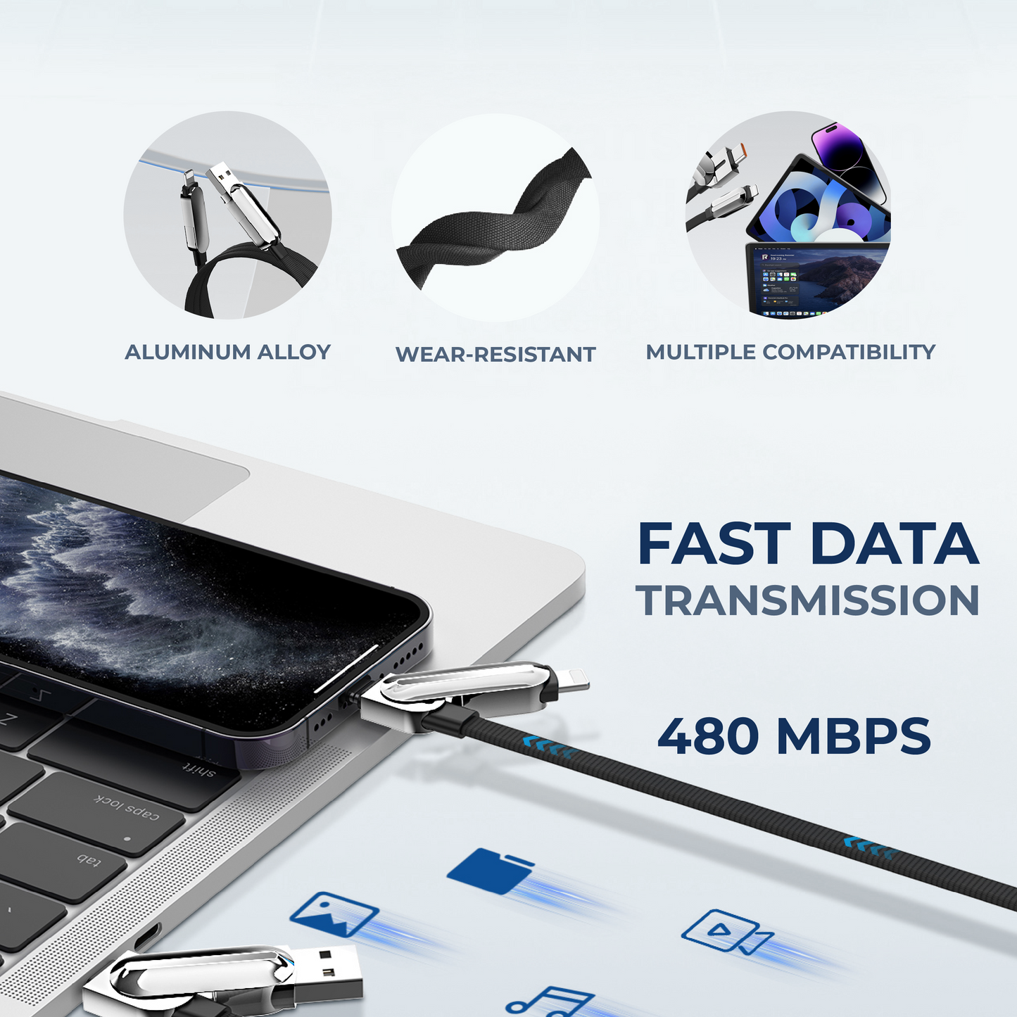 4-in-1 Multiple Data Cable (USB-C+USB-A to USB-C+Lightning)
