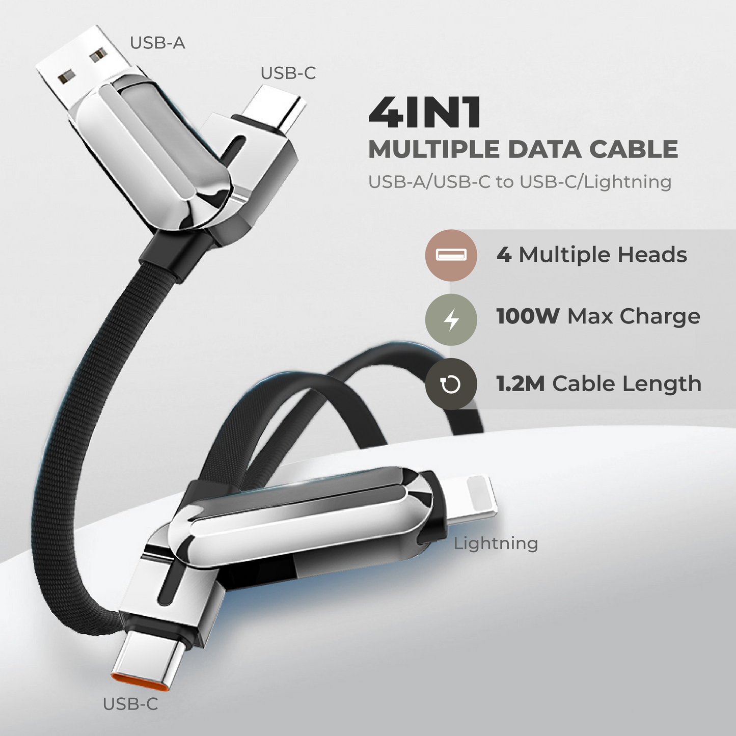 4-in-1 Multiple Data Cable (USB-C+USB-A to USB-C+Lightning)