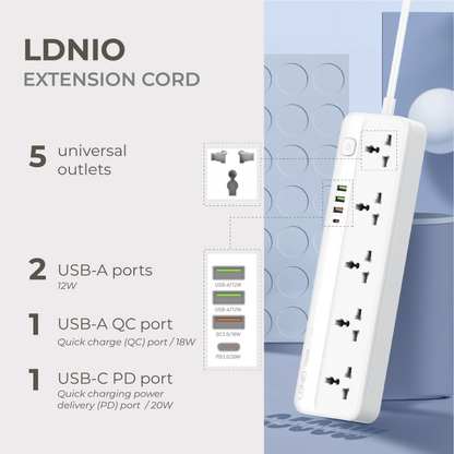 Extension Cord (5 outlets, 3 USB-A, 1 USB-C)