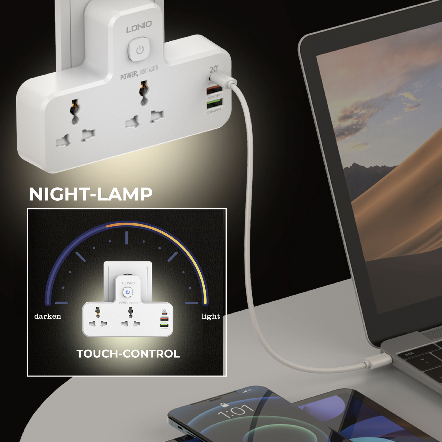 Adapter (2-Outlet, 3 USB, & Nightlight)