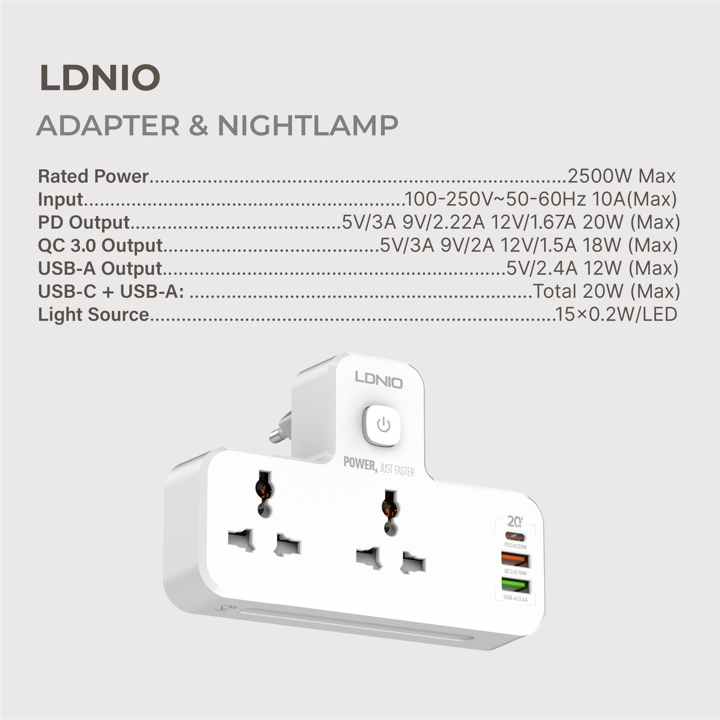 Adapter (2-Outlet, 3 USB, & Nightlight)