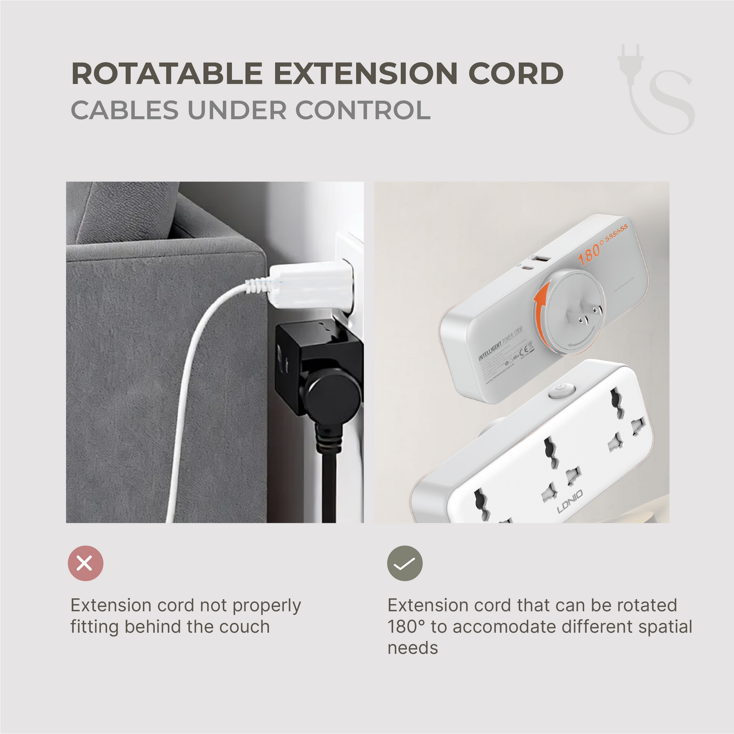 180° Rotatable Extension Cord (w/ 2 USB Ports, 3 Outlets)