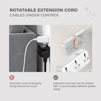 180° Rotatable Extension Cord (w/ 2 USB Ports, 3 Outlets)