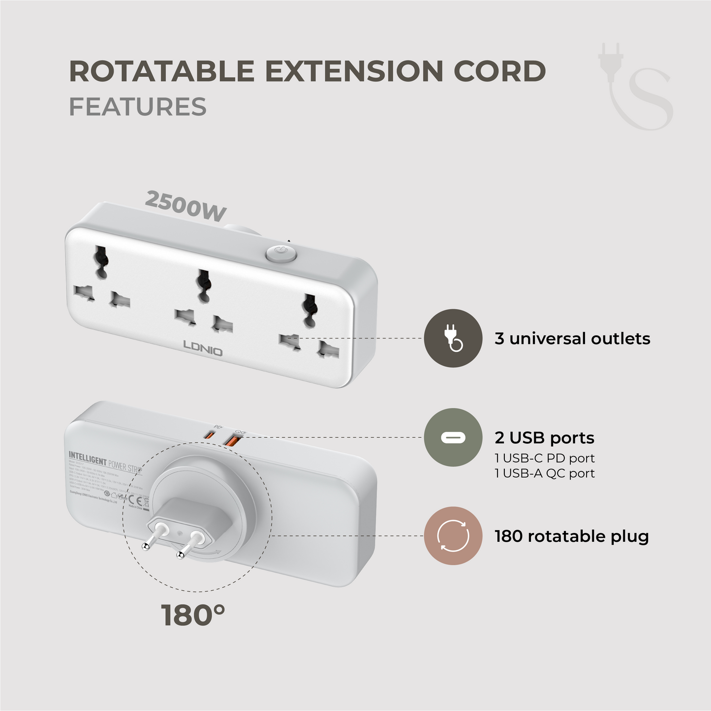 180° Rotatable Extension Cord (w/ 2 USB Ports, 3 Outlets)