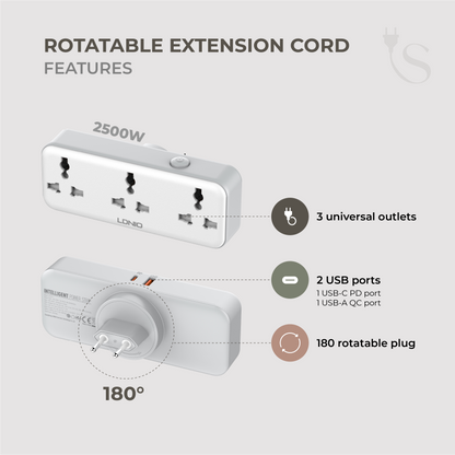 180° Rotatable Extension Cord (w/ 2 USB Ports, 3 Outlets)