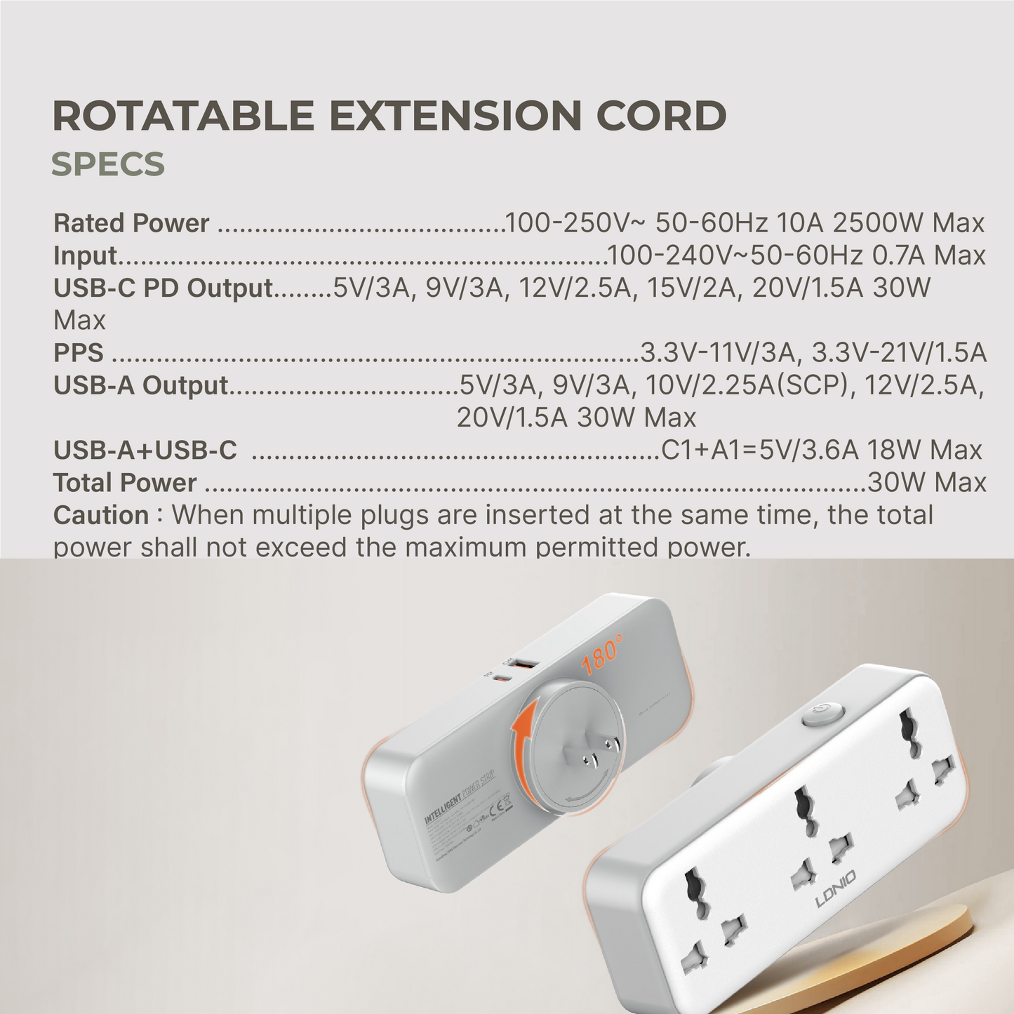 180° Rotatable Extension Cord (w/ 2 USB Ports, 3 Outlets)