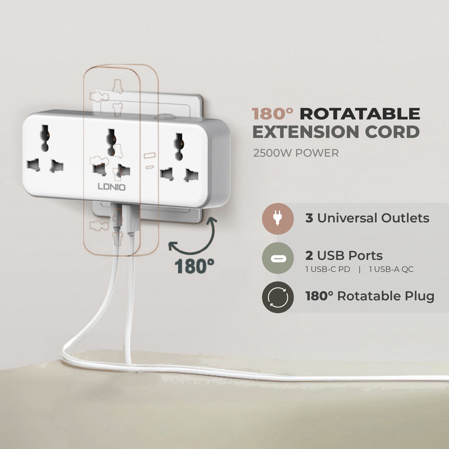 180° Rotatable Extension Cord (w/ 2 USB Ports, 3 Outlets)