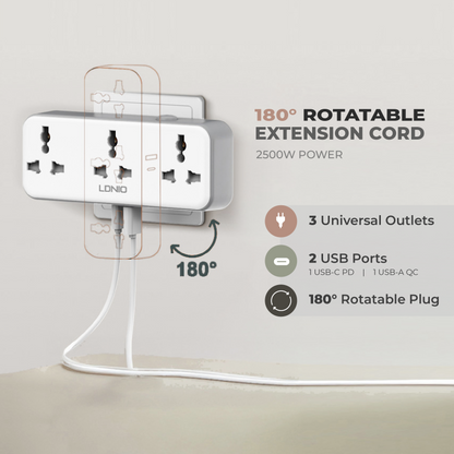 180° Rotatable Extension Cord (w/ 2 USB Ports, 3 Outlets)