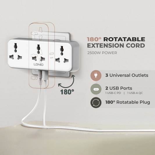 180° Rotatable Extension Cord (w/ 2 USB Ports, 3 Outlets)