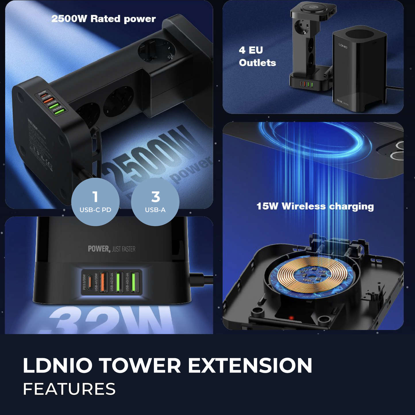 Tower Extension Cord (4 Outlets, 4 USB Ports, & Wireless Charger)