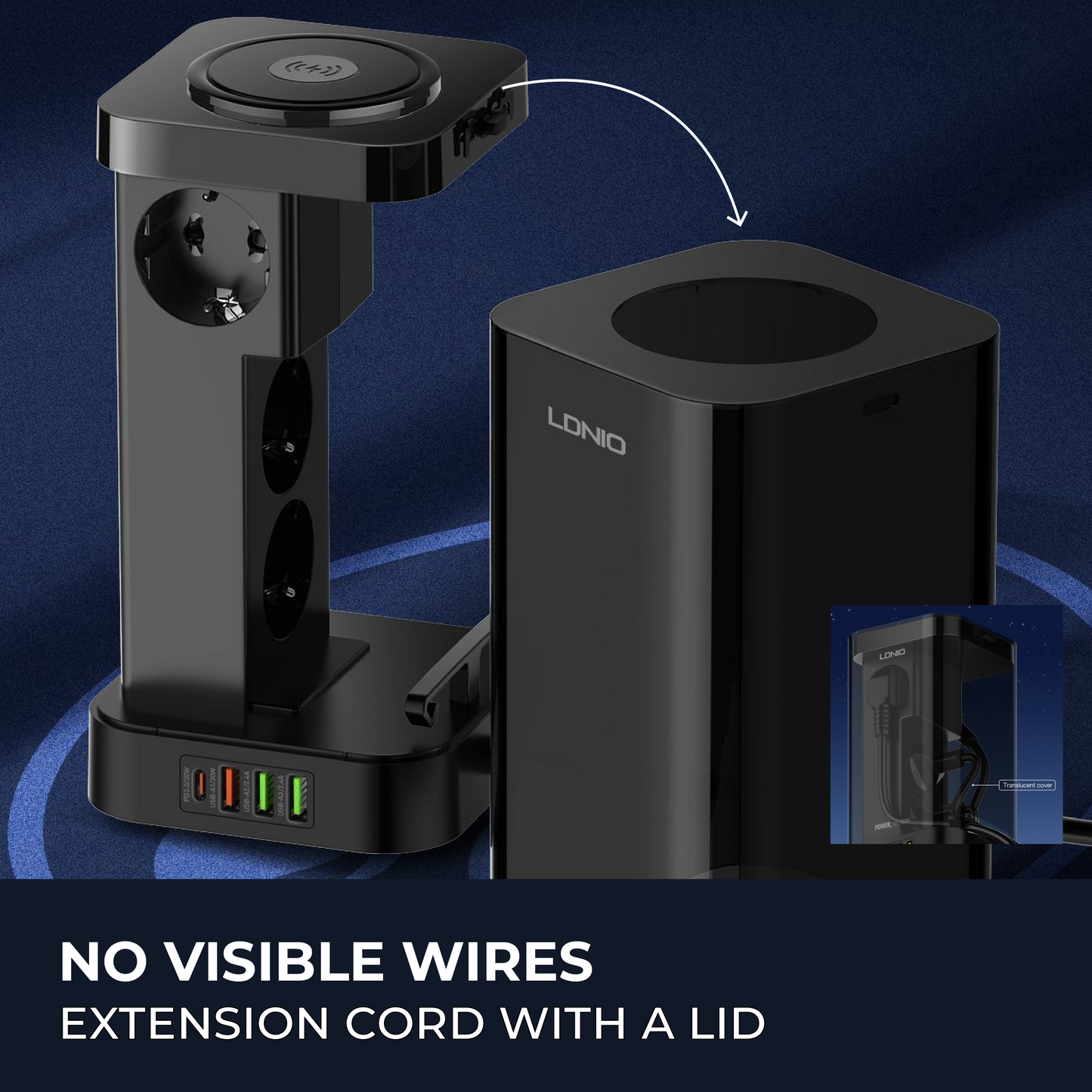 Tower Extension Cord (4 Outlets, 4 USB Ports, & Wireless Charger)