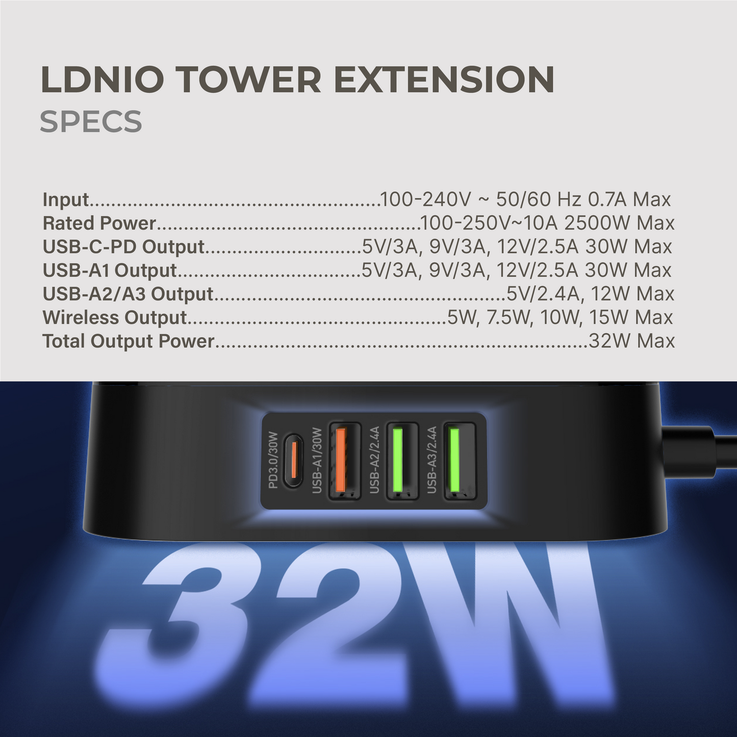 Tower Extension Cord (4 Outlets, 4 USB Ports, & Wireless Charger)